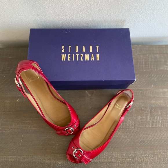 Stuart Weitzman Red Patent Leather Peep Toe Flats Size 8.5 with box. - Picture 9 of 9